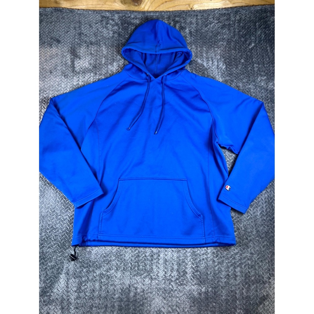 Champion Athletic Pullover Hoodie Mens Large Royal Blue Fleece Lined Patch Logo